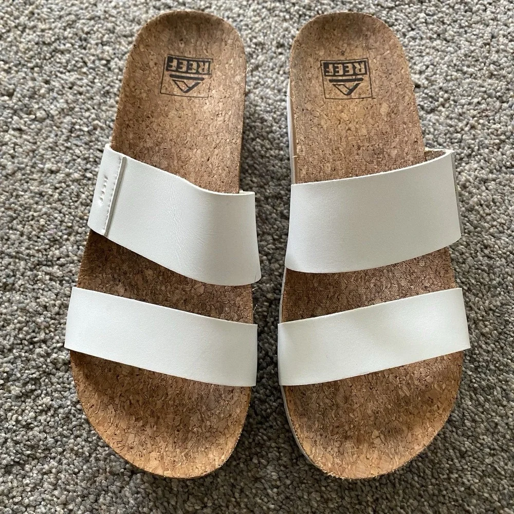 Reef Platform Sandals Women Sz 8 EU 38.5 White Strap Slide Cork Cushion Vista - Picture 2 of 8